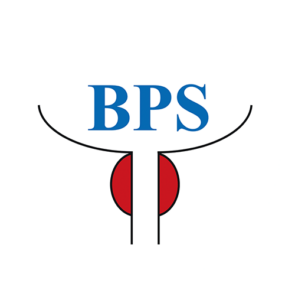 Logo des Bundesverband Prostatakrebs Selbsthilfe e. V. -weißer Hintergrund - in blau BPS - stilisierte Prostata in schwarz und rot
